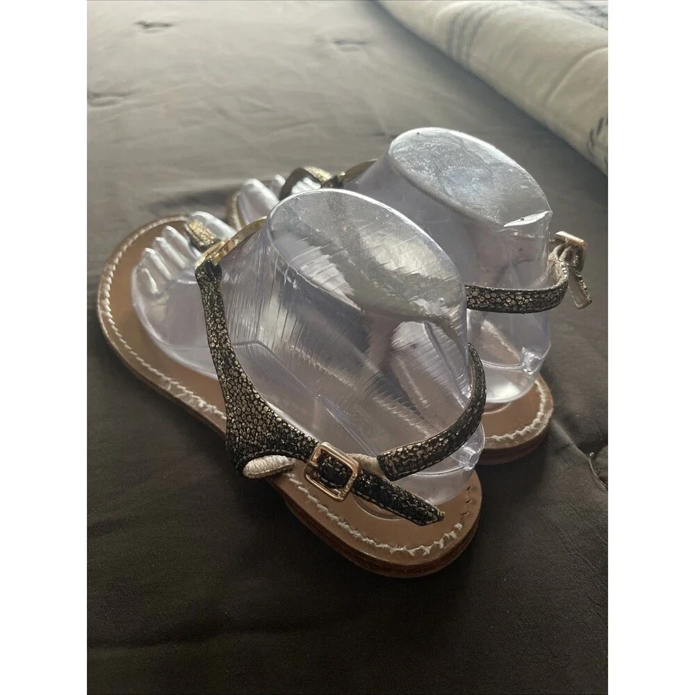 Tory Burch Sandal Women Size 8  T-Strap Thong Black /Gold Leather  Rhinestone